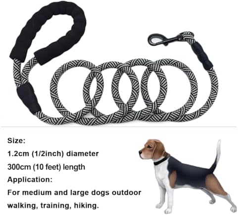 MayPaw Heavy Duty Rope Dog Leash, 3/4/6/7/8/10/12/15/20/30 FT Nylon Pet Leash, Soft Padded Handle Thick Lead Leashes for Large Medium Dogs (Black, 1/2" * 10')