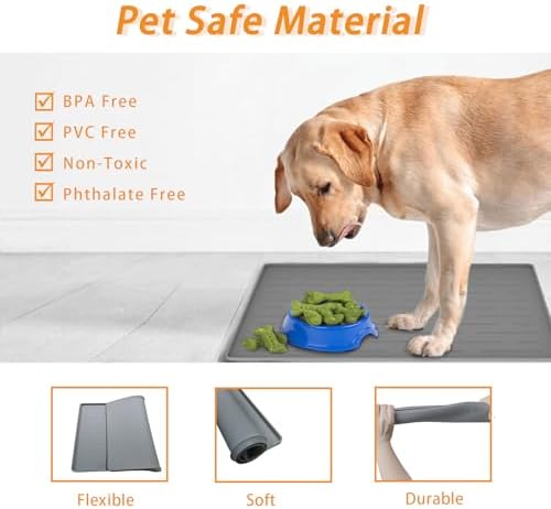 24" x 16" Dog Food Mat, Silicone Pet Mats for Food and Water, Nonslip Pet Feeding Mats for Floors, Dog Cat Bowl Mat with Raised Edges, Dark Gray