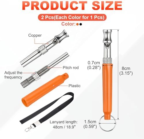 Dog Whistle, Dog Whistle to Stop Barking, Adjustable Ultrasonic Silent Pet Barking Stopper with Lanyard, (Black/Orange, 2 Pcs) Intended for All Puppies/Recall Control/Command Train