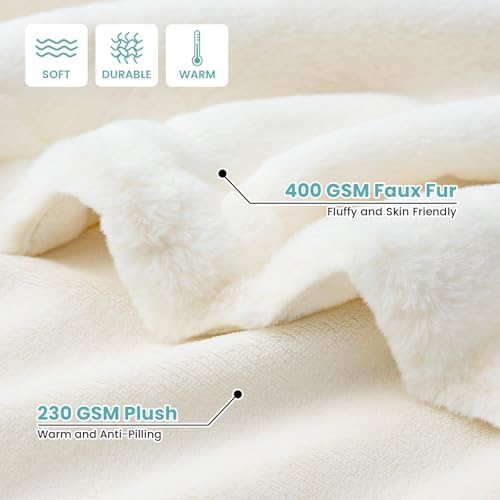 COZY KISS Soft Faux Fur Throw Blanket for Bed, Twin Size, 60x80 inch Cream