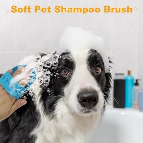 Dog Bath Brush, Silicone Pet Shampoo Brush with Adjustable Ring Handle Massage Scrubber Comb(2Pcs, Blue), for Long Short Hair Dogs and Cats Bathing Cleaning Shampooing