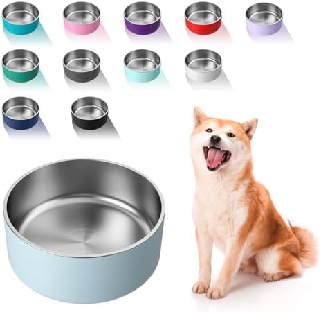 WENBOKMIN Dog Bowl, Stainless Steel Food and Water Bowl, 64oz, Light Grey | Non Slip Quiet Bottom, Easy to Clean, Dishwasher Safe