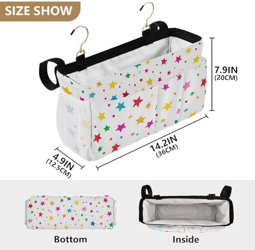 Bedside Caddy Hanging Bunk Bed Caddy Bed Organizer Hanging Pocket with 2 Hooks Bedside Storage Organizer Pocket Bag Holder Small Colorful Stars and Dots