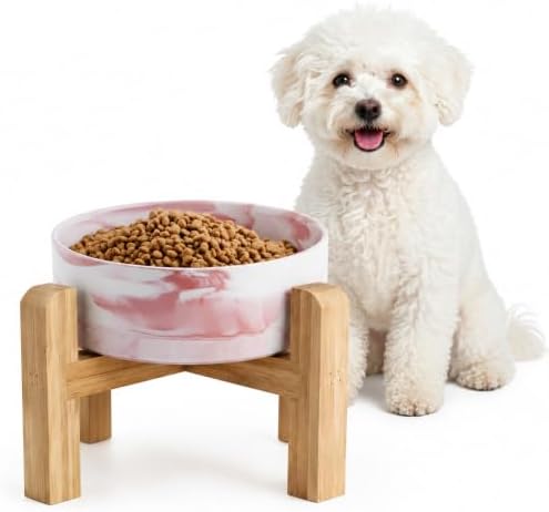 Elevated/Raised Ceramic Dog Bowl with Bamboo Stand,Marble Pattern 6 Inch 3.6 Cups Non Slip Heavy Weighted Single Pet Dish, for Small Medium Breed & Cats,Reduces Neck Strain Marble Pink