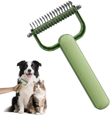 2026 New Double-Sided Dematting Comb for Dogs & Cats, Pet Grooming Tool for Long Haired Thick Double Coat Pets, Undercoat Rake Deshedding Brush for Tangles Matted Shedding Fur, Green-L-1Pcs