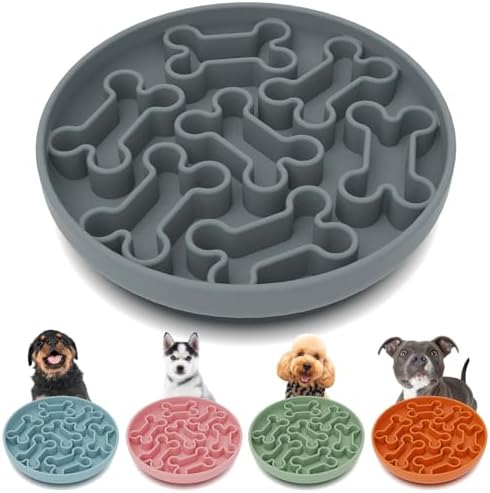 Silicone Slow Feeder Dog Bowl – Gray Bone Pattern | Food-Grade Non-Slip Dog Dish for Anti-Bloat, Fast Eating Prevention, 7.5” x 1.5”, Dishwasher Safe