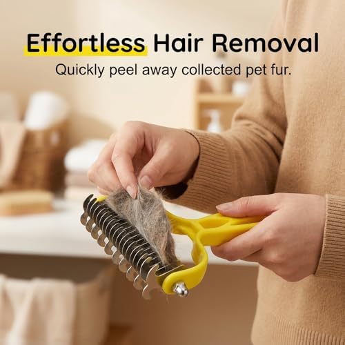 Double Sided Dematting Comb for Cats & Dogs, Undercoat Rake, Safe Deshedding Grooming Tool, Gentle Matt Remover Detangler for Long Thick Haired Pets, Ergonomic Pet Grooming Brush (Onyx)