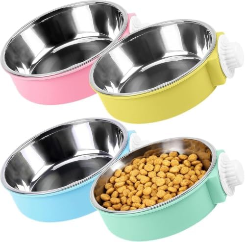 4 Pcs Dog Crate Water Bowl, Hanging Attachable Stainless Steel Pet Feeder, Removable Spill Proof Dish for Kennels, Multi Color, Easy Clean Design