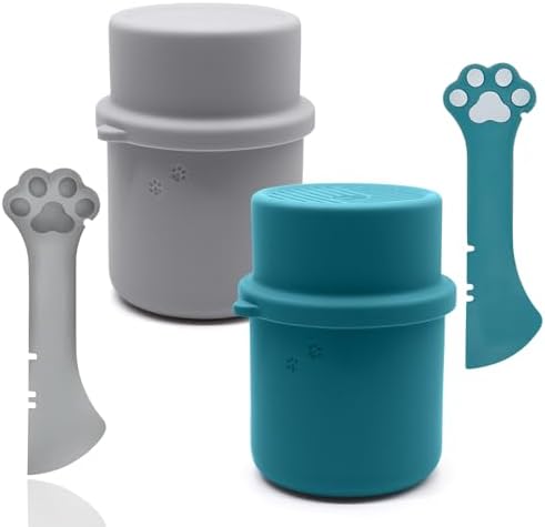 Original Canned Dog Food Storage Container & One Can Spoon | Silicone Can Cover Pet Food Sealer & Cute Paw Shape Opener Spatula | BPA Free, Airtight, Dishwasher & Freezer Safe (Grey+Dark Blue)