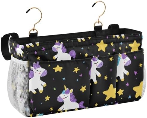 Bedside Caddy Hanging Bunk Bed Caddy Bed Organizer Hanging Pocket with 2 Hooks Bedside Storage Organizer Pocket Bag Holder Cute Unicorns Hearts Black
