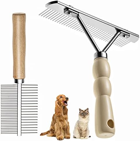 Undercoat Rake for Dogs, 2 Pack Double Coat Brush Set Long Tooth Undercoat Brush & Flea Comb, Long Hair Dog Combs for Grooming Shedding German Shepherd Horse Great Pyrenees