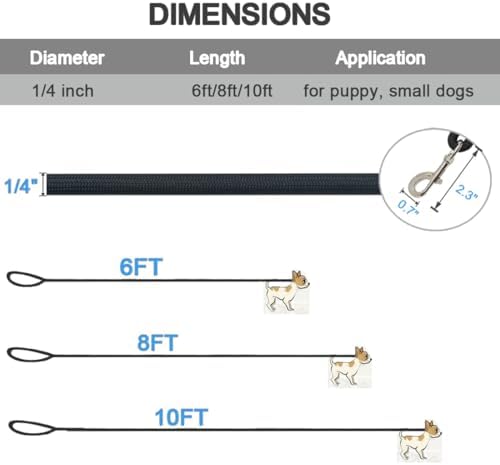 MayPaw Small Rope Dog Leash 6FT 8FT 10FT, 1/4-in Lightweight Pet Leash for Small Dogs/Puppy, Classic Colors Round Dog Lead (8ft*1/4",Black)