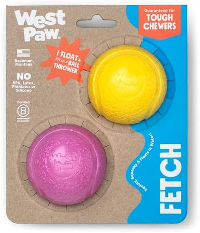 WEST PAW Boundr Ball Dog Fetch Toy – Bouncing Toys for Dogs, Fetch, Catch, Chewing, Play – Floatable, Recyclable Balls – Small Dandelion Yellow/Hot Pink 2-Pack