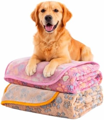 Dog Blanket 2 Pack Soft Flannel Pet Blanket for Dogs & Cats, Cozy Puppy Blanket for Couch Bed Crate, Washable Paw Print Throw 40 * 30 Inch Red&Brown