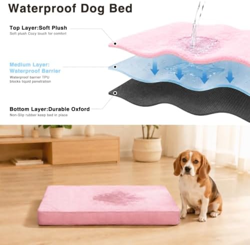 NUPIDA Waterproof Medium Dog Bed for Crate with Washable Cover, 29x18, Pink