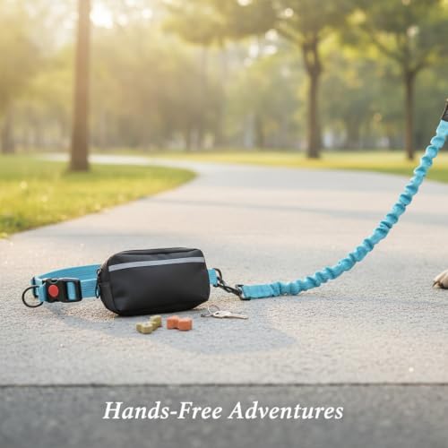 Hands-Free Dog Leash with Shock-Absorbing Bungee, Adjustable Waist Pack for Running and Hiking, Polyester Belt with Storage Pouch