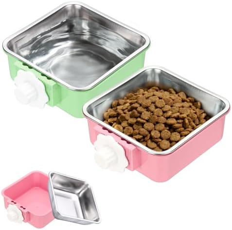 Crate Dog Bowl, Removable Stainless Steel Pet Cage Hanging Anti-Overturn Food Water Feeder Cage Cup (2Pcs, Square, Pink/Green, 17.7oz), Intended for Puppies/Cat/Rabbit/Bird