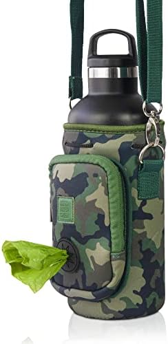 Made Easy Kit Water Bottle Carrier with Pocket for Dog Poop Waste Bags and Adjustable Padded Shoulder Strap (Large (32oz) with Bowl, Camo, Green)