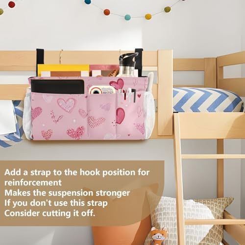 Bedside Caddy Hanging Bunk Bed Caddy Bed Organizer Hanging Pocket with 2 Hooks Bedside Storage Organizer Pocket Bag Holder Heart Pink