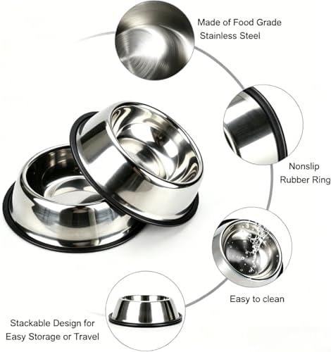 Stainless Steel Dog Bowls, Non-Slip Pet Food Water Bowls 2 Pack, Dishwasher Safe for for Cats Puppies Small Medium Large Dogs (Stainless Steel, ¾ Cup / 7 oz)