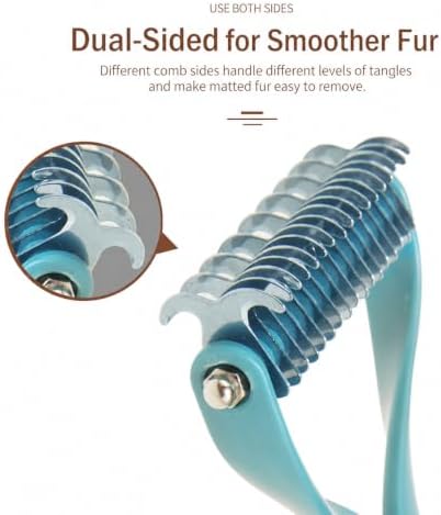 Double-Sided Dematting Comb for Dogs and Cats, Stainless Steel Undercoat Rake with Safe Rounded Blades, Y-Shaped Grooming Tool for Knots, Mats and Loose Fur
