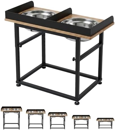 Elevated Dog Bowls for Large Breeds & Great Danes, 5 Adjustable Heights 16.1"-21.7" Raised Bowl Stand with Splash Guard, 2×4L 304 Stainless Steel Bowls, Wood & Metal, Non-Slip
