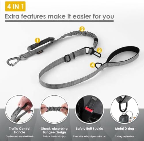 AUBELL Tactical Dog Leash Heavy Duty,4-6ft No Pull Bungee Leash,Grey