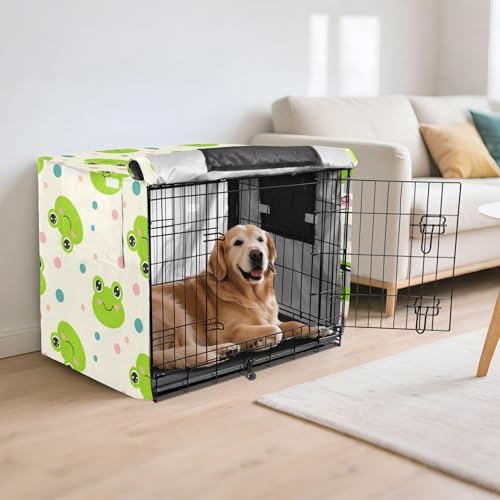 Kigai Frogs Dog Crate Cover Oxford Fabric Windproof Waterproof Kennel Cover with Breathable Mesh & Roll-Up Panels, Fit for 41 in Cage, Washable