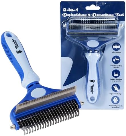 2-in-1 Deshedding Brush and Dematting Rake - Double Coat Undercoat Grooming Tool for Dogs and Cats, Reduces Shedding by Up to 95% (Electric Blue)