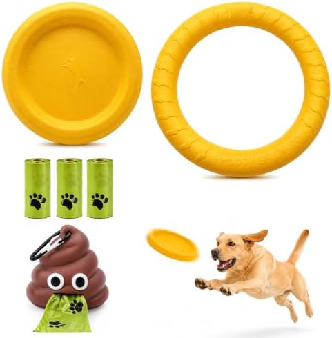 Dog Frisbee & Ring Toy 6pc Set, EVA Soft Flying Disc + Dog Ring Toy, Water Toys for Dogs, Outdoor Dog Toys for Large Dogs, Includes Poop Bag Dispenser & Biodegradable Bags, Lightweight Dog Chase Toy
