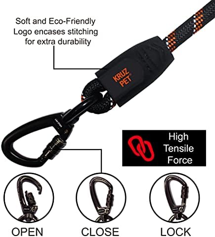 Kruz Dog Leash (Width - 1/2”, Length - 20 in) Reflective Rope Lead with Soft Silicone Grip, Click & Lock Snap Lightweight Leash for Dogs, Durable & Tangle-Free for Walking, Running & Training - Black