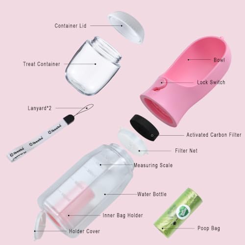 Cibaabo Dog Water Bottle with Food Container & Poop Bag Holder & Filter