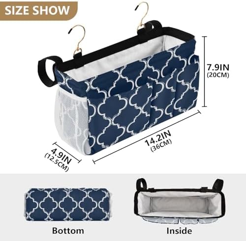 Bedside Caddy Hanging Bunk Bed Caddy Bed Organizer Hanging Pocket with 2 Hooks Bedside Storage Organizer Pocket Bag Holder Navy Blue Geometric Quatrefoil