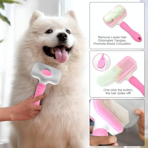 Generic Pink Cat grooming brush, Pet hair brush with Massage Particles, Self Cleaning Dematting Comb for Dogs and Cats, Easy to Use, Ergonomic Handle Design