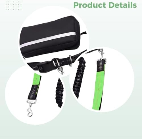 Hands-Free Dog Leash with Waist Pack, Shock-Absorbing Bungee Lead for Two Dogs, Adjustable Belt, Dual Tethers, Reflective Stitching, Green