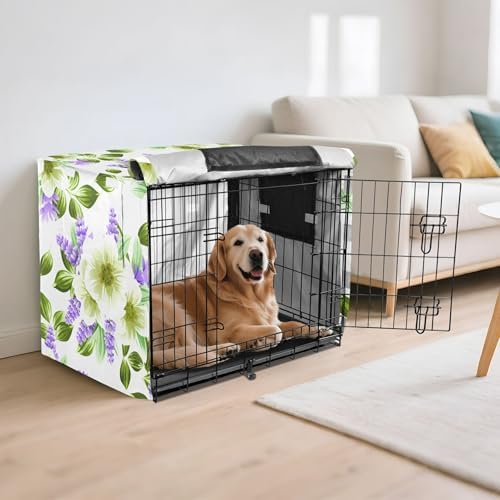 Kigai Floral Dog Crate Cover Oxford Fabric Windproof Waterproof Kennel Cover with Breathable Mesh & Roll-Up Panels, Fit for 41 in Cage, Washable