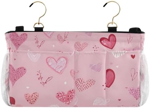 Bedside Caddy Hanging Bunk Bed Caddy Bed Organizer Hanging Pocket with 2 Hooks Bedside Storage Organizer Pocket Bag Holder Heart Pink