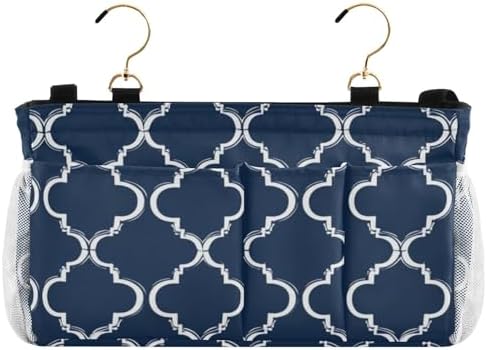 Bedside Caddy Hanging Bunk Bed Caddy Bed Organizer Hanging Pocket with 2 Hooks Bedside Storage Organizer Pocket Bag Holder Navy Blue Geometric Quatrefoil