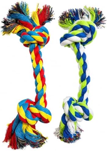 2-Pack Dog Rope Toys for Medium & Large Dogs – Durable 10" Cotton Chew Tug Toys with 2 Knots for Puppy Teething, Dental Cleaning, Boredom Relief, Indoor & Outdoor Play, Multi-Color