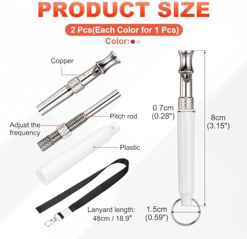 Dog Whistle, Dog Whistle to Stop Barking, Adjustable Ultrasonic Silent Pet Barking Stopper with Lanyard, (White/Red, 2 Pcs) Intended for All Puppies/Recall Control/Command Training