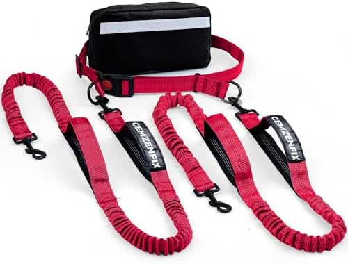 Hands Free Dog Leash for 2 Dogs – Waist Leash for Dog Walking with Dual Bungee, Reflective No Pull Design, Adjustable Belt & Pouch for Running, Hiking, Jogging