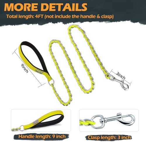 Chain Dog Leash, Bite-Proof Metal Leash, with Padded Handle