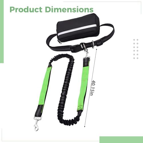 Hands-Free Dog Leash with Waist Pack, Shock-Absorbing Bungee Lead for Two Dogs, Adjustable Belt, Dual Tethers, Reflective Stitching, Green