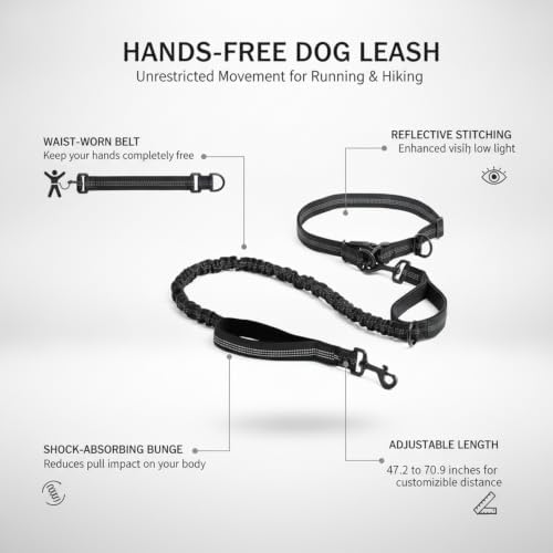 Fits Most Waist Sizes: Hands-Free Dog Leash with Shock-Absorbing Bungee, Adjustable Nylon Belt for Running and Hiking