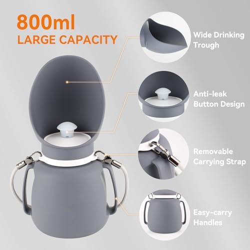 Dog Water Bottle, Portable Dog Water Dispenser, 27 OZ Leakproof Pet Bottle Kettle for Doggy Cats Outdoor Walking/Hiking/Travel Driking, Grey