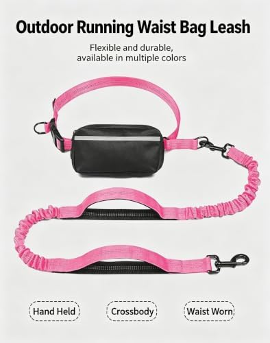 Hands Free Dog Leash with Adjustable Waist Belt, Shock Absorbing Bungee Running Dog Leash with Reflective Stitches, Soft Padded Handle & Dual D-Ring Clips for Medium Large Dogs, Fits 25-120 lbs Dogs