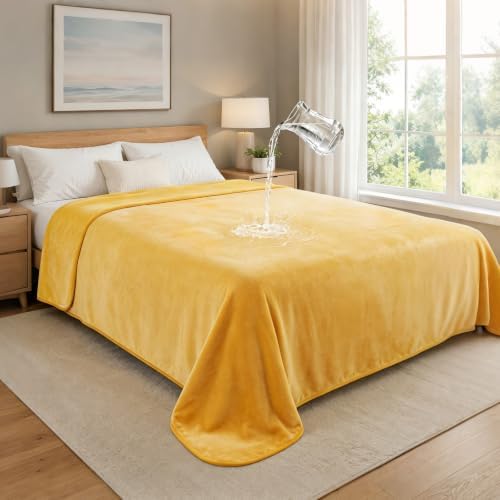 LOOBANI Yellow Waterproof Blanket for Bed, Flannel King Size 85"x108"