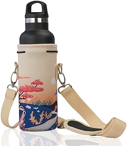 Made Easy Kit Neoprene Water Bottle Carrier Holder with Adjustable Shoulder Strap for Insulating & Carrying Water Container Canteen Flask Available in 5 Sizes (Fantasy Flowers, M (16oz-22oz))