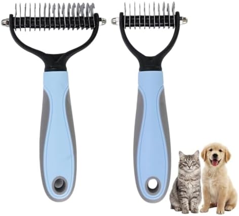 2-Pack Pet Dematting Comb, Undercoat Rake Set for Dogs & Cats - Safe Deshedding Grooming Tools, Large & Small Gentle Mats Tangles Remover Brush for Long Thick Haired Pets (blue-mixed, 2 pcs)