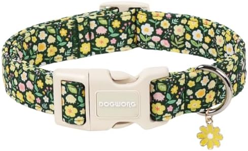 DOGWONG Green Floral Dog Collar, Vintage Daisy Flower Printed Pet Collars Soft Sturdy Polyester Fabric Puppy Collar with Daisy Charm Adjustable Quick Release Buckle Dog Necklace for Small Medium Dogs